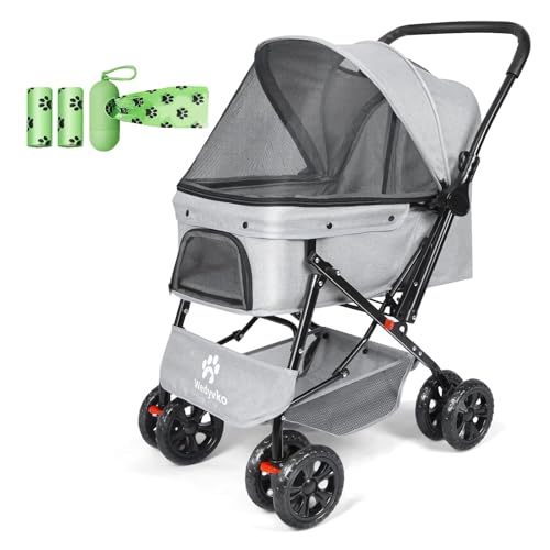 Pet Strollers, Foldable Cat Dog Strollers, Pet Dogs Stroller with Storage Basket, 360° Front Wheel Rear Wheel with Brake, Lightweight Travel Stroller for Small Medium Dogs&Cats (Light Grey)