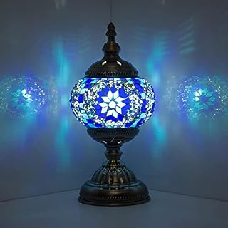 Marrakech Turkish Mosaic Glass Decorative Table Lamp Handmade Moroccan Lantern Tiffany Style Home Decor Desk Night Light Christmas Decorations Gift Lamp for Bedroom Living Room (Blue)