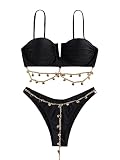 Milumia Women's 2 Piece Chain Linked Push Up Bikini Set Spaghetti Strap Stretchy Swimsuit Black Large