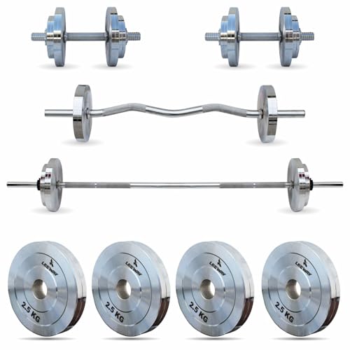 Image of Leeway Metal Home Gym Set 10 Kg Combo with Steel Weight Plates, 3Ft Curl Rod, 5Ft Straight Rod and Steel Dumbbell Set & Barbell | Full Body Workout Equipment for Home and Beginners (10kg Set (2.5X4))