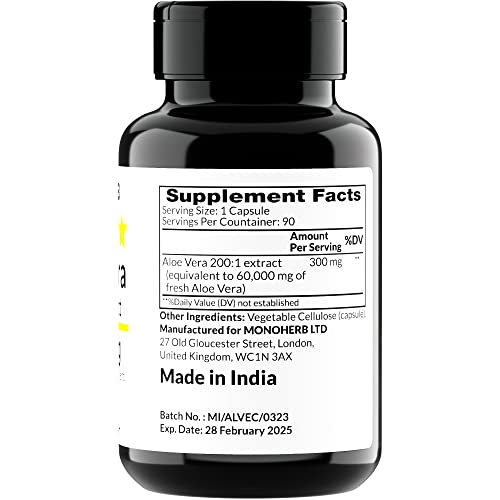 Monoherb Aloe Vera 300 Mg Per Capsule - 60000 Mg Equivalent - 200X Extract - 90 Capsules #TOP1