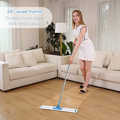 Cqt Commercial Flat Microfiber Floor Mop Cleaning System 24" Inch Wet Dry And Dust Hardwood With 4 Washable Pads Cleaner For Laminate Tile Stainless Steel Handle And Extension (Blue) #TOP2