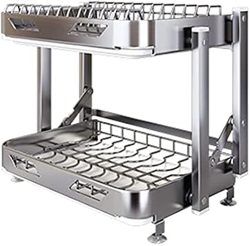 Over The Sink Dish Drying Rack - Adjustable Large 304 SS Foldable Dish Rack With Drain Board Utensil Cutting Board Holders2 Layer 42x35cm