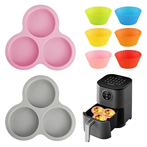 Abnaok 2PCS Silicone Air Fryer Egg Pan with 6PCS Reusable Silicone Baking Cups, Non-Stick Air Fryer Baking Pan, 3 Cavity Silicone Muffin Pans Muffin Cups for Baking Cover