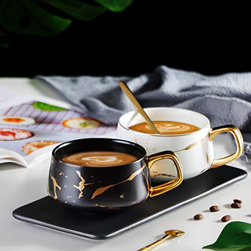 Tilany Tea Cup With Wooden Saucer Set - Ceramic Beverage Holder For Coffee, Latte, Cappuccino - Gold - Plated Handle Mug- Drink Ware Gifts For Women And Men - Black, 10Oz #TOP3