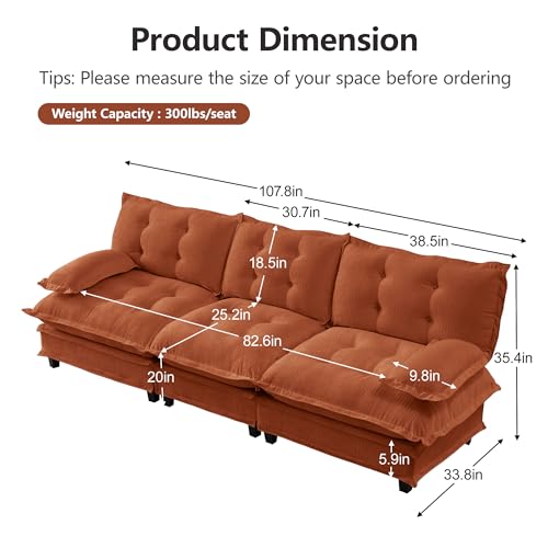 Image of 108 inch Sectional Sleeper Sofa, Modular Deep Seat Couches for Living Room Apartment, Flexible Module Combination Cloud Sofa with Spring Support, Easy Assembly, Orange