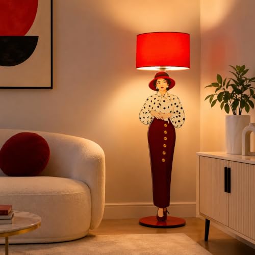 Image of THE GRANDEUR Artistic Female Floor Lamp with Red Fabric Shade, 155 cm | Warm Ambient Lighting, Stable 28 cm Base, Fashion-Inspired Design, Living Room & Bedroom, Statement Decor Piece