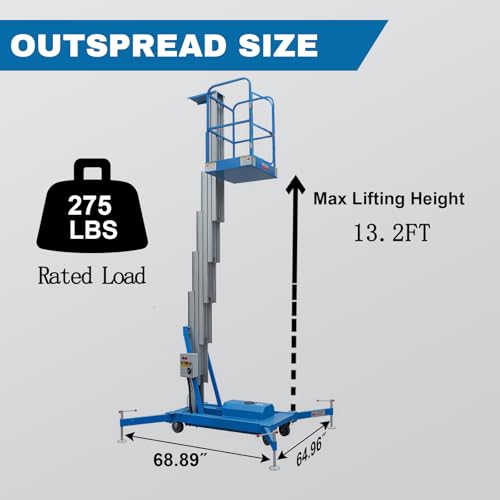 Electric Hydraulic Man Lift Aluminum Alloy Mobile Scaffolding Platform, 13.2ft Max Lifting Height, 275lbs/125kg Rated Load for Warehouse, Construction & Maintenance (Single Support, 13.2FT/4m) - Thumbnail 2