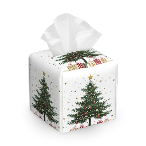 Merry Christmas Tissue Box Cover Christmas Tree Tissue Box Holder Waterproof Leather Facial Paper Organizer Dispenser for Bathroom Home Car Nightstand Vanity
