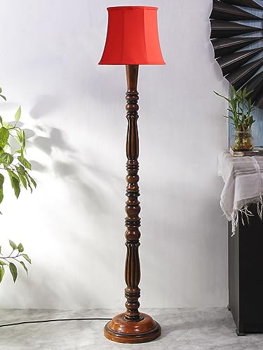 Image of Cylindrical Drum Floor Lamp with Wooden Base - Height 57 Inches, Red | Modern Standing Lamp for Home, Living Room, Bedroom & Office | Elegant Lighting Decor | Cotton