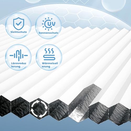 TFSKY Wabenplissee Plissee ohne Bohren Verdunkelung Klemmfix Zweifarbigz Weiß-Weiß B50 x H130 cm Doppelplissee Verdunklungsplissee Sonnenschutz Schallschutz für Fenster & Tür