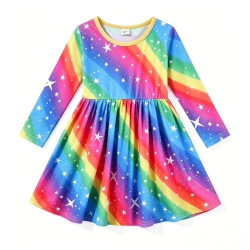 Image of Tkria Toddler Girls Rainbow Dress Striped Fall Dress Cartoon Colourful Long Sleeve Casual Dressy 2-7T