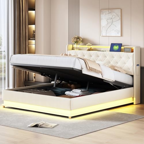 ECLIVON Cama Tapizada 160x200 cm con USB y Iluminación LED, Estructura Cama Matrimonio con Almacenaje Hidráulica, Camas Matrimoniales con Láminas de Metálicas, Lino, Beige, Sin Colchón