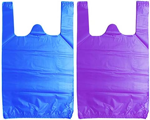 LazyMe T Shirt Bags, Bolsas De Plastico Para Negocio, 12 x 20 Inches Grocery Plastic Bags with Handles Shopping Bags in Bulk Merchandise Bags Restaurant Bags (Blue 50pcs, Purple 50pcs)