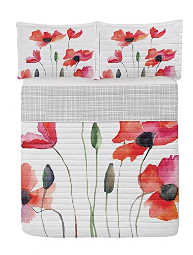 Ambesonne Watercolor Flower Reversible Bedspread Set, Poppies Wildflowers Nature Meadow Painting Effect Illustration, Pillow Shams & Comforter Microfiber Bedding Set, Queen Size, Green Orange Pink #TOP21