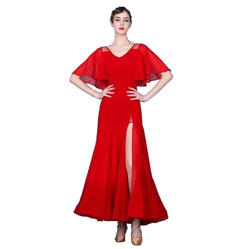 Yhhsgscr Short Sleeve Ballroom Big Swing Skirt High Split Party Dress for Women Tango Training Outfit Smooth Breathable,Red,XXL