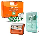 FLEXEO-Erste-Hilfe-Koffer-Set DIN 13157:2021 mit Wandhalterung, mit gefülltem WERO Pflasterspender und FLEXEO Augenspülstation inkl. 2x 500ml Flaschen Kochsalzlösung und Wandhalterung