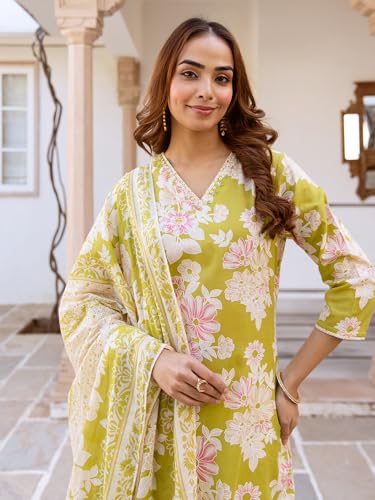 Image of INDO ERA Women's Pure Cotton Printed Straight Kurta & Pant With Dupatta Set (KH0PH10219)