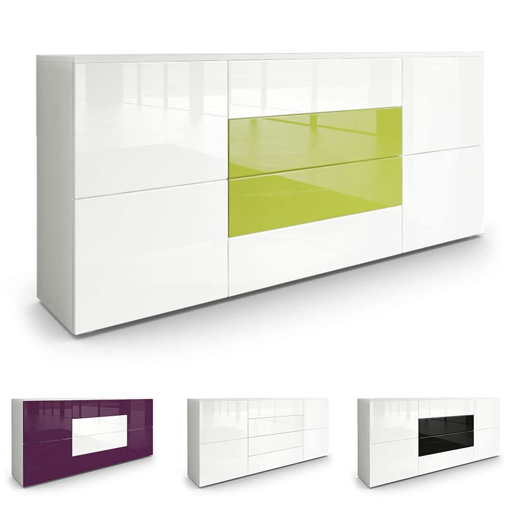 Vladon Buffet Rova, Commode avec 4 Portes et 4 tiroirs, Blanc Mat/Blanc Haute Brillance (166 x 72 x 35 cm)