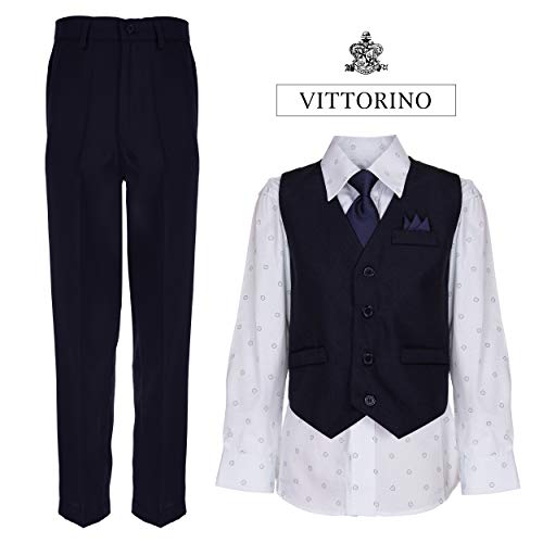 Image of Vittorino Boys 4 Piece Suit Set with Vest, Dress Shirt, Bow Tie, Pants & Pocket Square | Big & Little Kids Formal Apparel