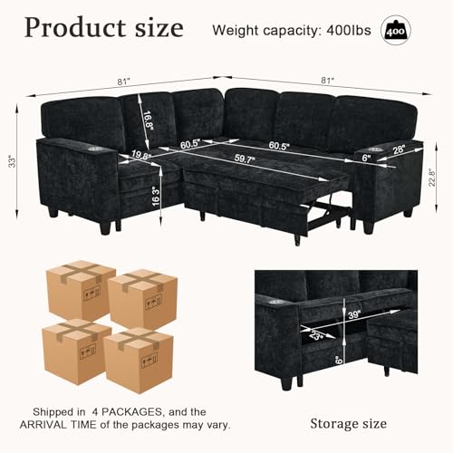 Image of KEIKI 81 inch L-Shaped Oversized Chenille Modular Sectional Sleeper Sofa with Pull-Out Bed, Storage Seat, Modern 5-Seater Upholstered Couch Bed with Charging Station, Easy Assembly, for Living Room, Black