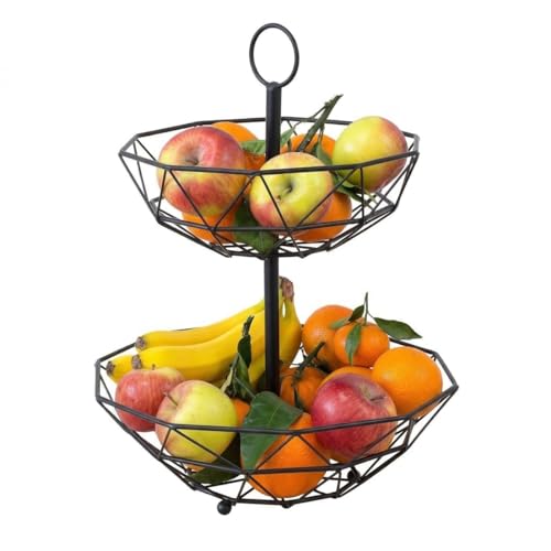 LOLAhome - Frutero geométrico moderno de 2 alturas en metal negro de Ø29,5x38 cm. Ideal para cocina o salón. Sirve tus frutas con elegancia, practicidad y un toque actual en tu mesa.