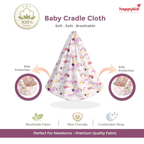 Image of Happykid Baby Cradle Set | Durable Cotton Cloth, Mosquito Net, Spring, Triangle and Window Hanger (White & Purple, Without Bed)