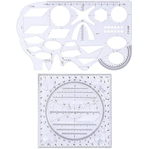 2Pack Geometric Drawings Templates, Multifunctional Drawing Ruler, Drafting Stencils Measuring Tools, Measuring Ruler Multipurpose Draw Tool for Office and School Cover