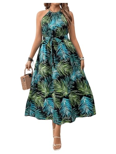 Image of Floerns Women's Plus Size Boho Sleeveless Halter Neck Tie Back A Line Long Dress