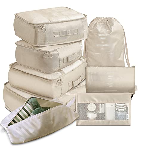 Lot De 8 Cubes d'emballage pour Valises, Ensemble De Rangement De Voyage, Sac De Rangement De Voyage, Ensemble De Huit Pièces, Sac De Rangement De Classification des Vêtements De Voyage (Beige)