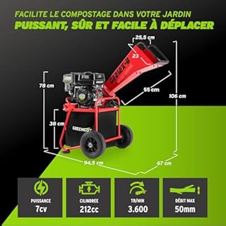 GREENCUT GE212X-B - Broyeur à essence 212 cm3 7 ch, broie des branches jusqu'à 50 mm, sac de 64 l inclus, avec roues et poignée de transport rouge