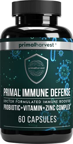 Primal Immune Defense 10 in 1 Immune Support Supplement by Primal Harvest - 60 Capsules Immune Vitamins, with 7 Billion CFU Pre and Probiotics, Zinc, Vit C, B6, D3, K2 - Immune Boosters for Adults