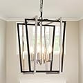 4-Light Modern Chandelier, Farmhouse Lantern Pendant Light Fixtures, Foyer Lighting Fixtures, Industrial Ceiling Light, Adjustable Height Geometric Hanging Chandelier for Kitchen Island, Entryway