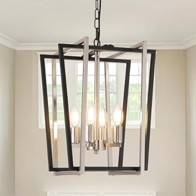4-Light Modern Chandelier, Farmhouse Lantern Pendant Light Fixtures, Foyer Lighting Fixtures, Industrial Ceiling Light, Adjustable Height Geometric Hanging Chandelier for Kitchen Island, Entryway