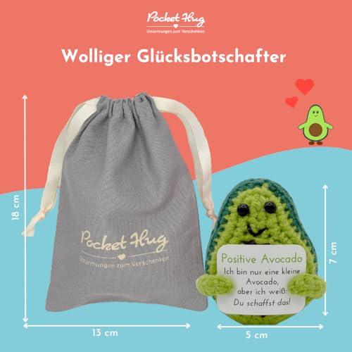 Pocket Hug Positive Avocado · Mutmachergeschenk für Freunde, Familie und Kollegen · Kreative Avocadofigur · Motivationsgeschenk & Glücksbringer deutsch · Handmade Woll-Avocado inkl. Zubehör