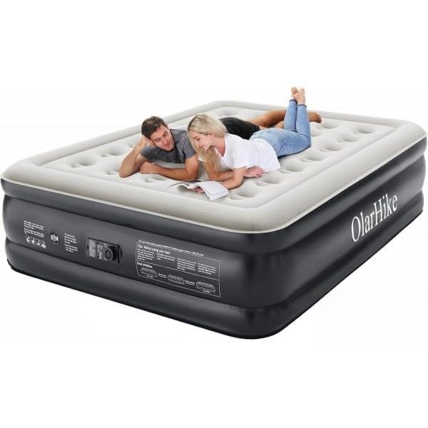 RESTEQ Colchón de aire doble con bomba eléctrica integrada, tamaño Queen 203 x 152 x 46 cm, parte superior flocada impermeable, capacidad de 300 kg para camping y cama de invitados