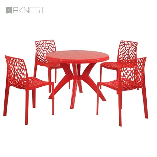 Image of Supreme Web Chair & Marina Table 5-Piece Set | Heavy Duty Plastic 4-Seater Dining Set for Living Room, Garden, Cafe & Outdoor Balcony, Color: Red