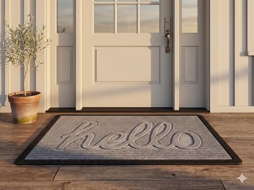 Image of Heavy Duty Front Door Mat 2x3 Feet Non Slip Entrance Rug for Indoor & Outdoor Use Dirt Trapper Welcome Mat for Entryway, Patio, Porch & Hallway Washable Low Profile Floor Mat, Grey Hello