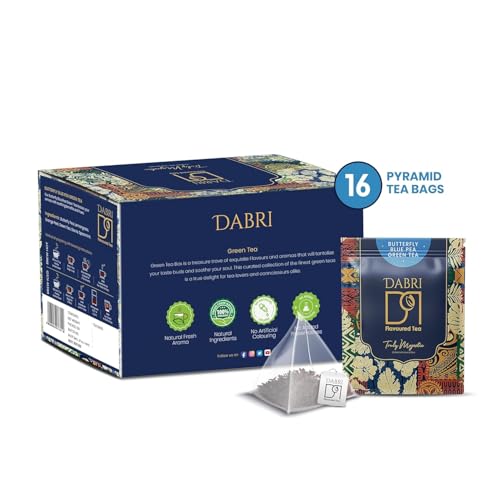 Image of Dabri Blue Flower Butterfly Pea Green Tea 32 Pyramid Dip Tea Bags|Pack of 2 x 16 Bags Each|Natural Loose Leaves with Blue Flower Herbal Blend|Farm Fresh|Rich in Antioxidants|Support Hair, Skin Health
