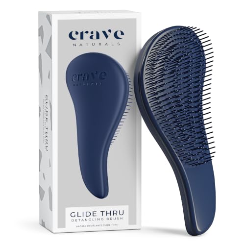 Crave Naturals Glide Thru Hair Brush - Detangler Brush for Curly, Straight, Wet or Dry Hair - Gentle Detangling Brushes for Adults, Kids, Toddlers - Hair Accessories for Women, 7.5"x3" - Blue