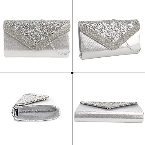Image of Queena Womens Shiny Glitter Evening Clutch Envelope Handbag Chain Purse for Wedding Party Prom Gift for Mom Wife Girlfriend