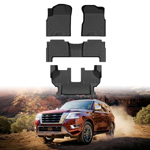 Mixsuper Floor mats fit for Nissan Armada/Infiniti QX80 2019-2024 (7 Seats),All Weather TPE Floor Liners Protection for Armada/QX80 Accessories,3 Row Anti-Slip Car Mats, Black