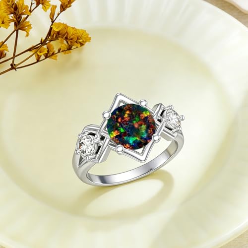 Image of 0.3 Carat Moissanite and White Opal /Blue Opal /Black Opal Engagement Ring 925 Sterling Silver 8-9 MM Heart /Round /Oval Cut Opal Moissanite Ring for Women Size 5-13