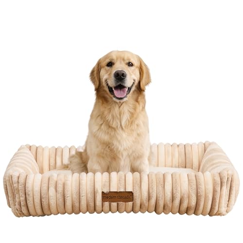 Image of Modern Threads Ribbed Plush Two-Tone Cuddler Dog Bed, Ultra-Soft Faux Rabbit Fur, Supportive Bolstered Sides, Removable Washable Cover, Bed for Medium to Large Dogs, Cream, (34 inch L x 25 inch W x 9 inch Th)