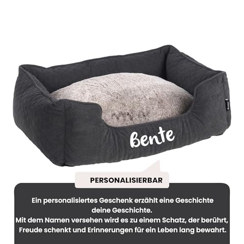 Mainely Personalisierbares Hundebett Fahra Rechteckig 100×80×25 cm (L) Dunkelgrau – weiches Bett mit Wendekissen & Rutschfester Unterseite – für große Hunde – personalisiert mit Namen – Petslino