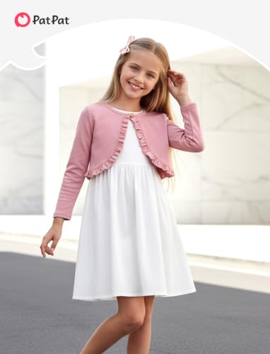 Image of PATPAT Girls Cardigan Bolero Size 4-12 Years Kids Knit Long Sleeve Ruffle Open Front Button Cover Up Cropped Tops for Girls