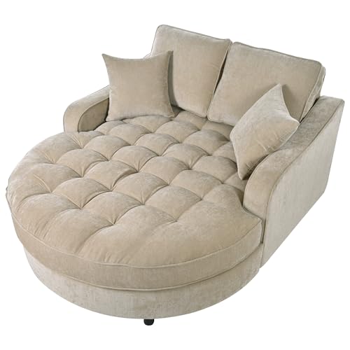 Image of Christopher Knight Home 55 Inch Modern Chaise Lounge Sofa Bed, Upholstered Chenille Lounge Couch with Tufted Seat and Detachable Pillows Curved Accent Sofa for Living Room, Champagne