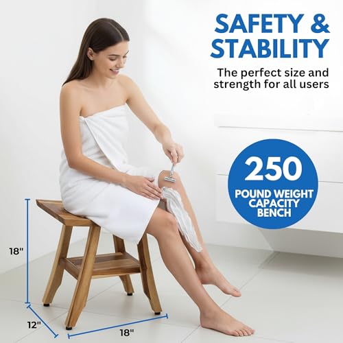 EcoDecors 18" Satori Teak Shower Bench –Compact Bath Seat, Natural Wood Finish Water-Resistant Spa Bench | Slatted Design & Adjustable Feet for Indoor Outdoor Use | Storage Shelf