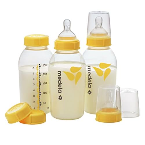 Medela Breast Milk Storage Bottles, 3 Count of 8 Ounce / 250mL Breastfeeding Bottles with Nipples, Lids, Wide Base Collars, and Travel Caps, Made Without BPA