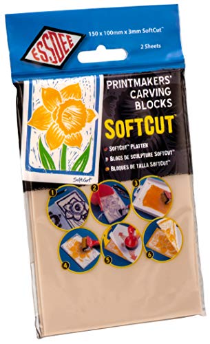 ESSDEE Five Lino Cutters and Handle Set (Lino Cutter Styles 1 to 5) & Essdee 3.0/SC2 Softcut Printing Block 150x100x3mm Pk2, PVC, Beige, 150x100mm